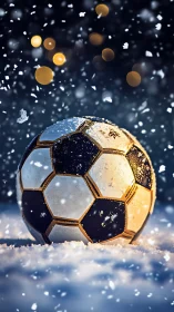 Soccer ball illuminated on snowy field with cinematic bokeh lighting
