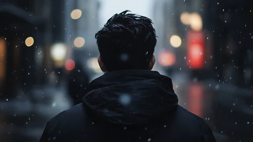Rear view of solitary person on snowy urban street.