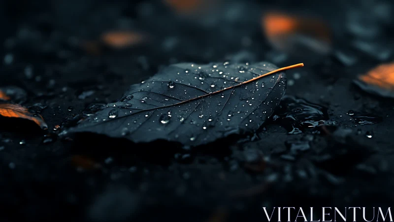 Single wet leaf rests on dark ground with scattered droplets