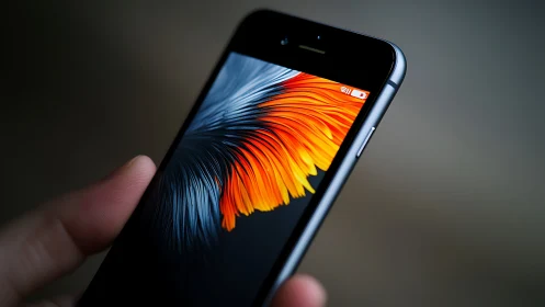 iPhone 6s displaying radiant abstract feather wallpaper with warm gradient.