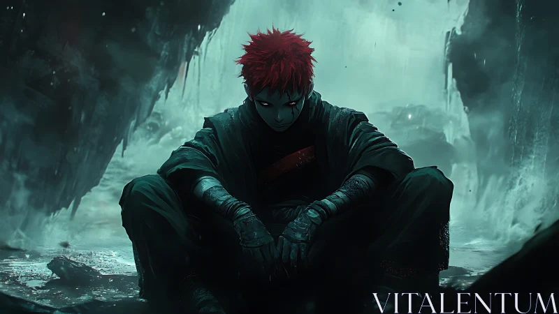 Red‑haired shadow warrior broods in a stormlit ravine.