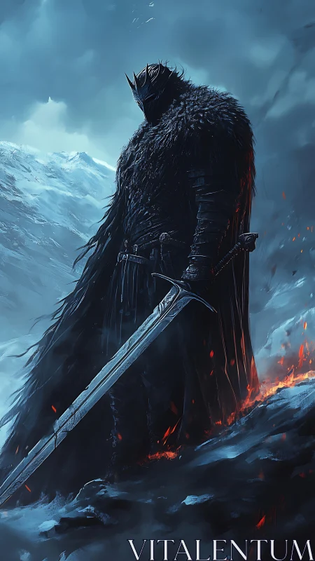 Armored dark warlord with greatsword on volcanic ice ridge