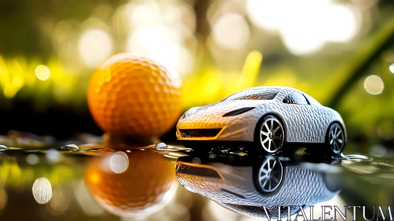 Textured model car and golf ball on reflective wet surface.