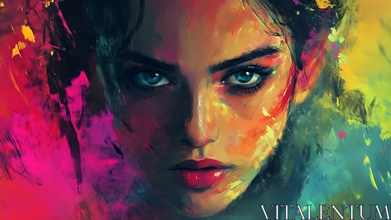 Digital portrait depicts central female face in vivid colours