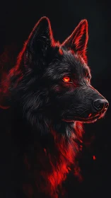 Luminous ember-eyed black wolf portrait with red rim lighting