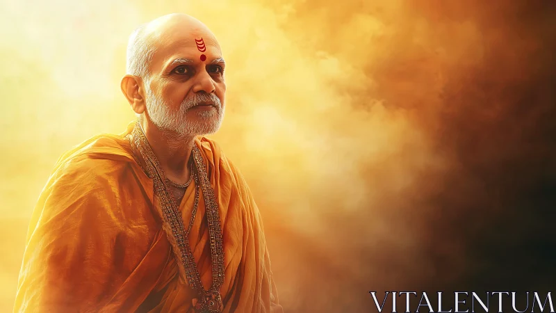 Monastic portrait in volumetric saffron light convergence.