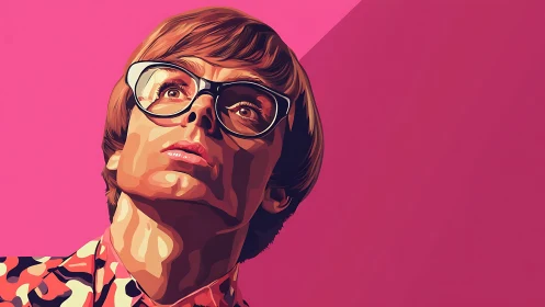 Stylized portrait of person in glasses on bold pink field.