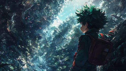 Forest explorer boy overlooks luminous enchanted ravine.