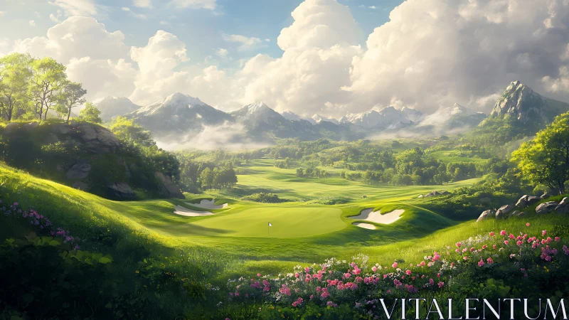 High-altitude championship golf green under dramatic cumulus sky