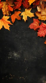 Fallen autumn leaves frame a rustic dark background space