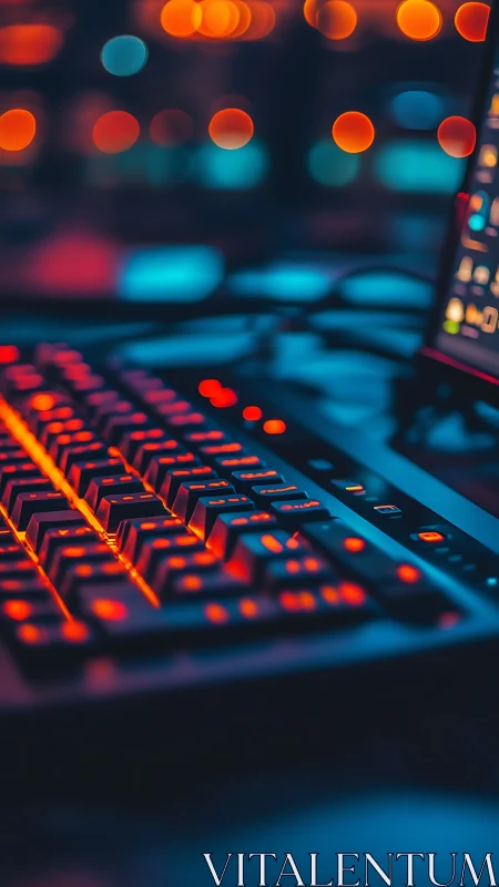 Neon-lit gaming keyboard glows against a blurred tech backdrop