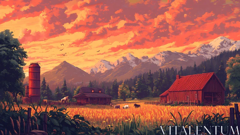 Mountain farm at sunset with red barns and wheat fields.