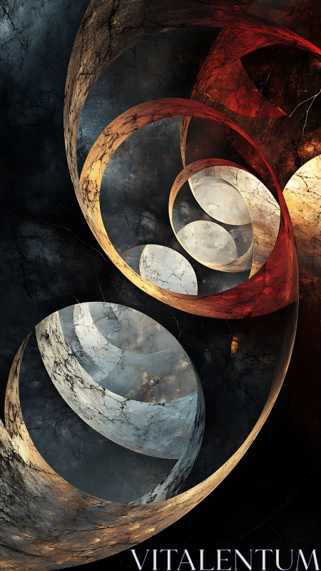 Interlocking marble-like rings in layered abstract spiral form.