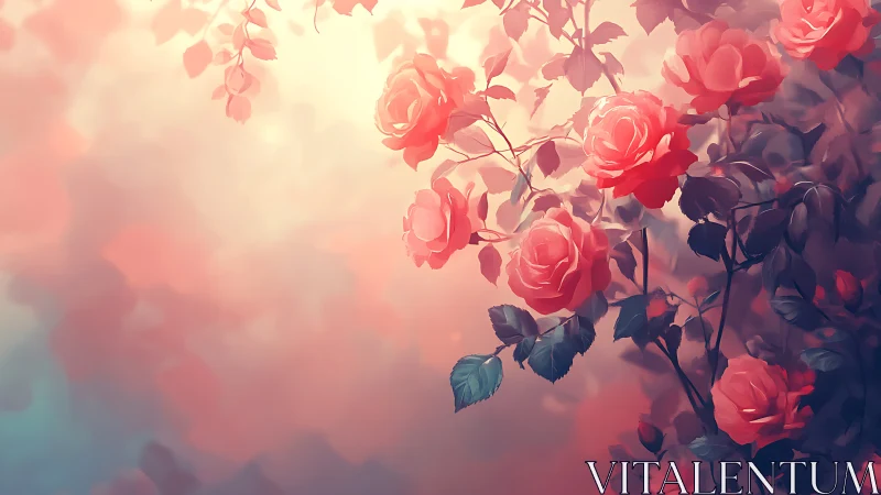 Digital painting of rose flowers with soft pink gradient background