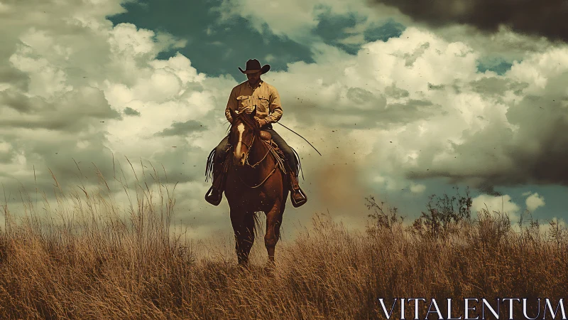 Solitary cowboy on horseback crossing dry grassland.