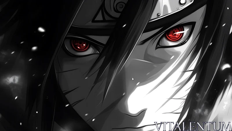 Crimson eyes carve through monochrome storm and silent snow