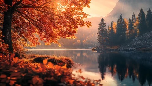 Autumn lake forest glows under low golden sunset light.