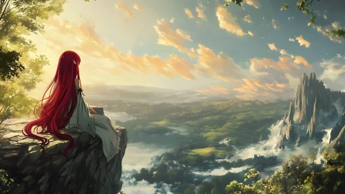 Red-haired girl overlooking vast fantasy valley at dawn.