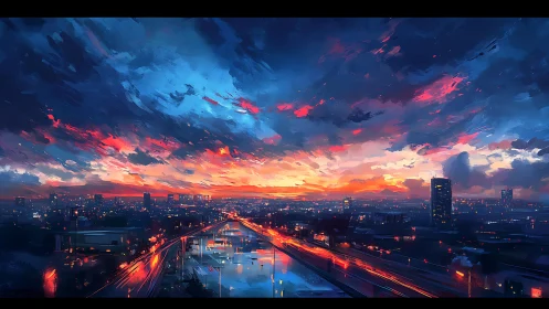 Urban skyline and roadway under dense sunset cloud cover.