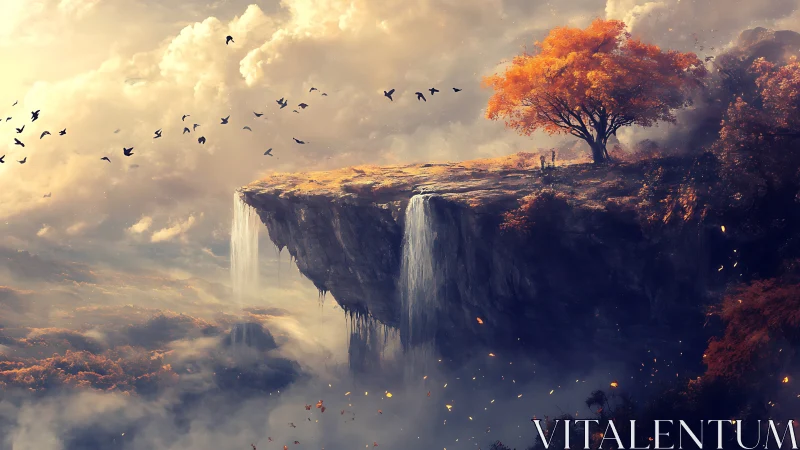 Floating plateau with twin waterfalls under dense clouds.