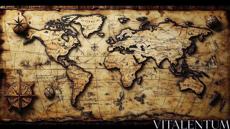 Weathered world map with ornate compass roses on parchment.