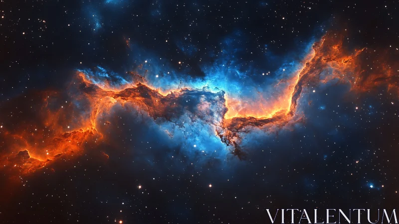 Nebula arc with blue core and fiery orange filaments.