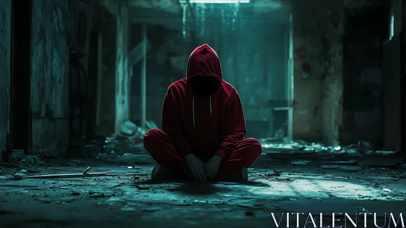Hooded figure in red tracksuit amid derelict industrial hall.