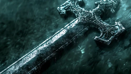 Ancient ornate sword lies in stormlit rain, evoking lost glory