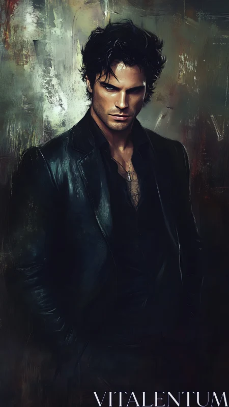 Male figure in dark clothing before abstract textured backdrop.