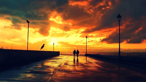 Digital painting promenade at sunset with reflective wet pavement.