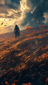 Solitary ranger crosses windlit grassland toward stormbound citadel