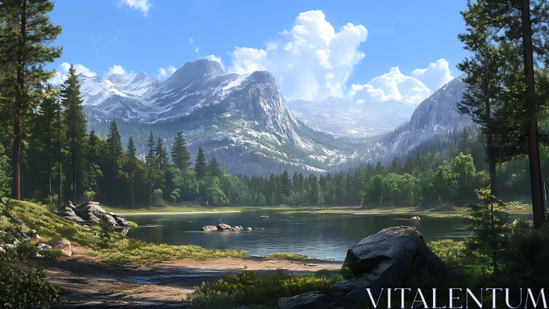 Mountain lake landscape is rendered with detailed lighting