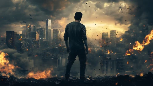 One lone figure calmly surveys a burning futuristic city skyline