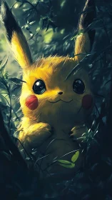 Pikachu character rendered in soft forest lighting stands hidden