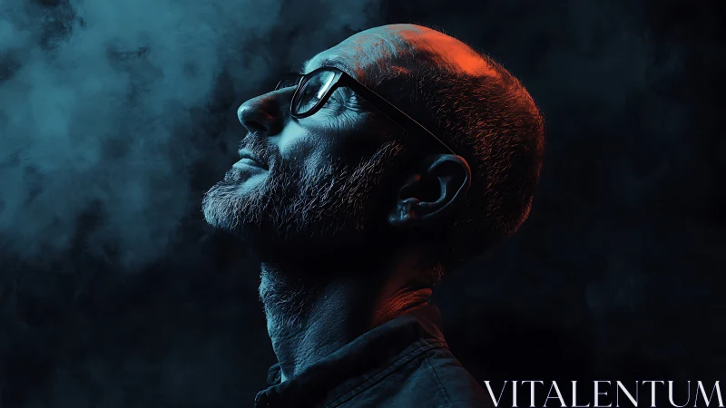 Man gazes upward through colored smoke in moody blue light