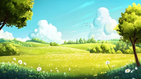 Landscape illustration depicts open meadow under clear sky