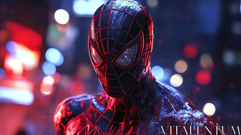 Neon-lit black spider hero stands in rain-soaked city night.