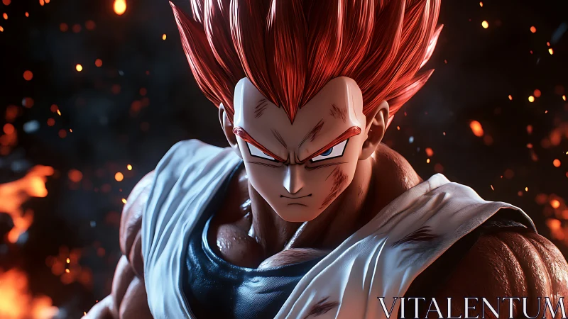 Battle-hardened warrior portrait with fiery red spiked hair.