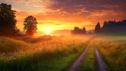Country dirt road at sunrise through misty summer fields.