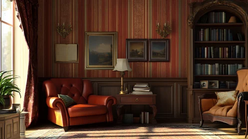 Elegant vintage reading lounge glows in warm afternoon light