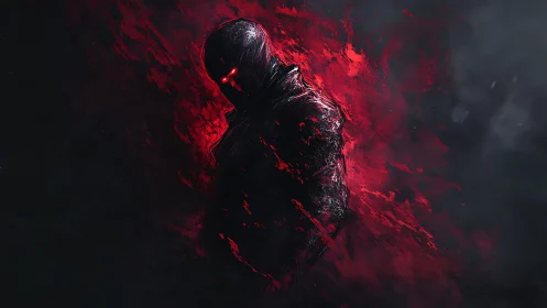 Hooded humanoid figure stands in red abstract digital haze