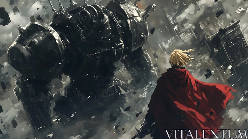 Human warrior confronts towering armored mech in bleak ruins