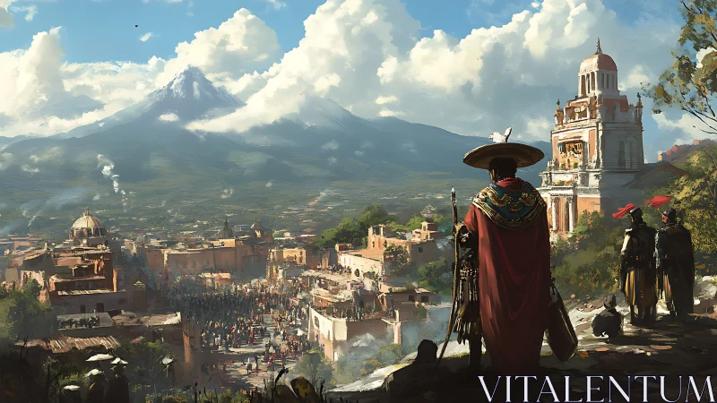 Digital painting of volcanic cityscape and ceremonial overlook.