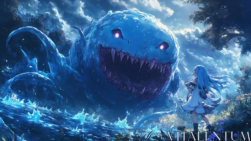 Anime fantasy showdown with colossal water beast under stormlight.