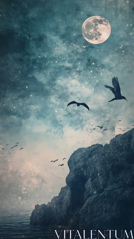 Moonlit cliffside with drifting birds and quiet cosmic glow.