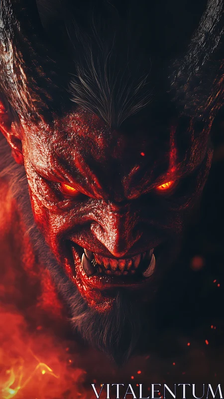 Demonic warlord roars amid burning embers and darkness