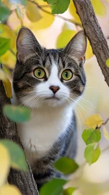 Tabby-and-white feline specimen positioned among foliage branches.