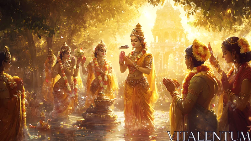 Hindu-style ceremonial gathering in golden forest light.