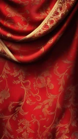 Red draped textile with gold floral damask pattern.