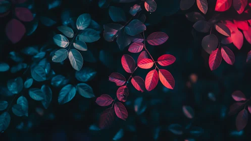 Neon foliage glows in deep teal and crimson contrast.